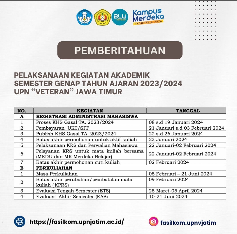 Pelaksanaan Kegiatan Akademik Semester Genap Tahun Ajaran 2023/2024